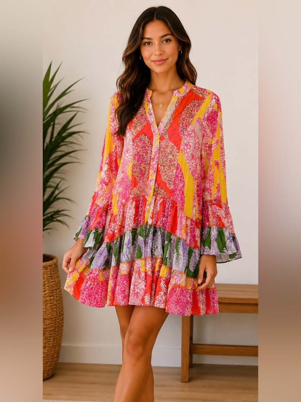 POL beaded tiered babydoll dress with ruffle sleeves - Size Small NWOT